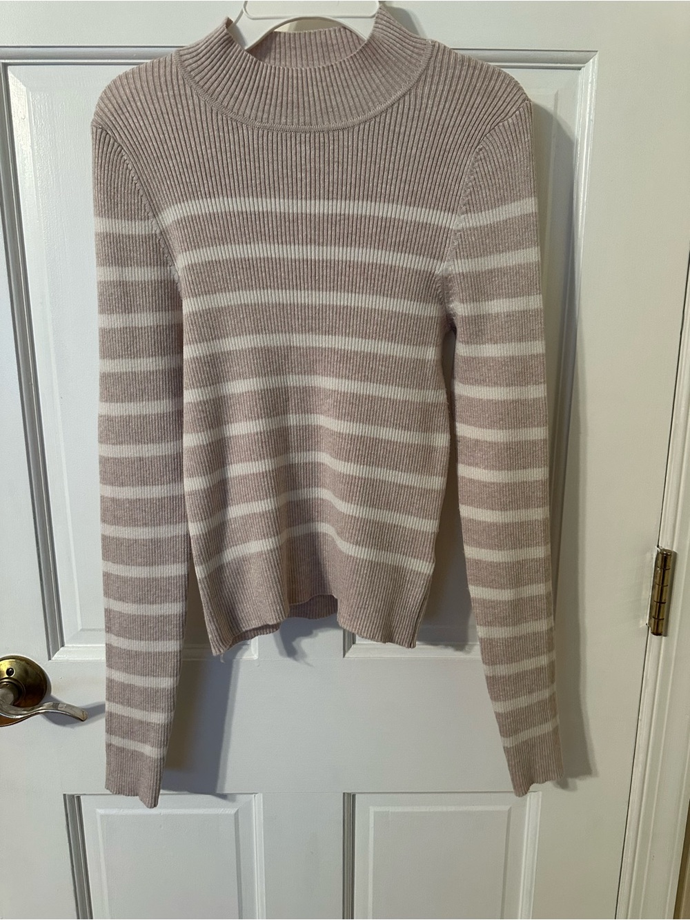 Striped Mock Neck Sweater in Soft Beige and White